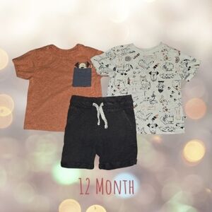 Jarvis Archer Baby Boy 3pc Outfit Bundle 12 Months: Dog Tees & Shorts